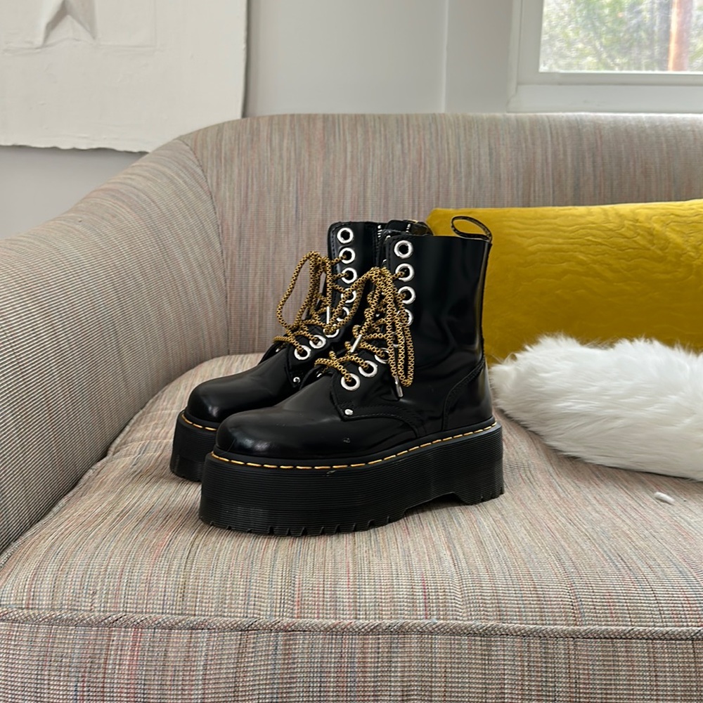 Dr. Martens Black Patent Platform Combat Boots with Gold Laces